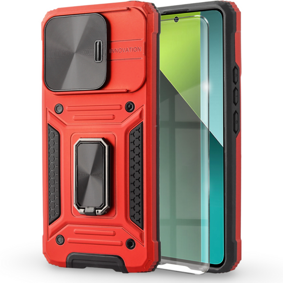 Etui pancerne do Xiaomi Redmi Note 13 Pro 5G, CamShield Slide, czerwone + Szkło Hartowane 9H