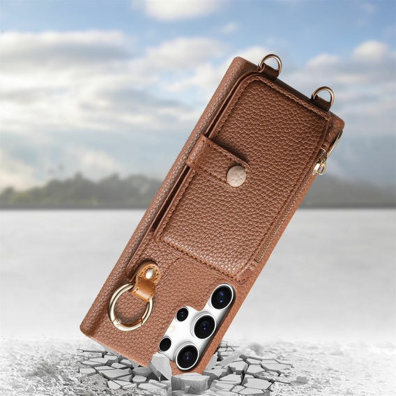 Etui do Samsung Galaxy S25 Ultra – z klapką, kieszeniami i paskiem, brązowe