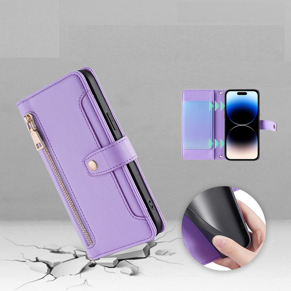 Etui z klapką do iPhone 14 Pro, Wallet Zipper Pocket, fioletowe