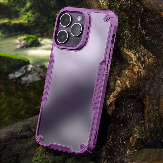 Etui do iPhone 14 Pro Max, pancerne, przezroczyste z fioletową ramką