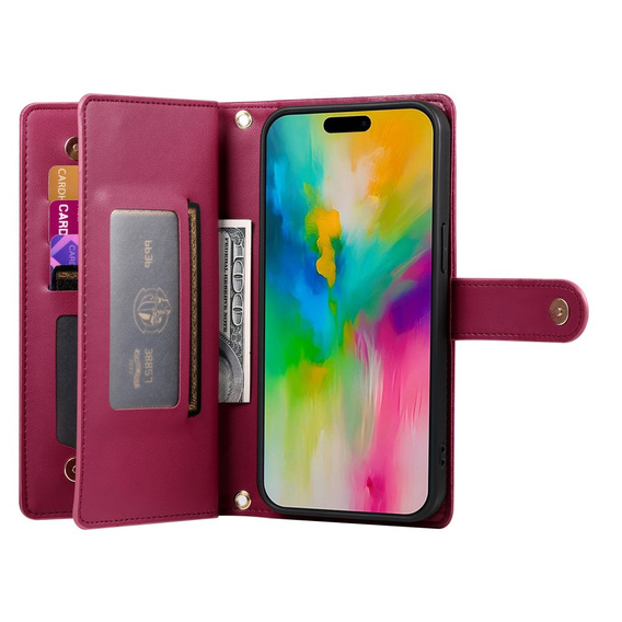 Etui z klapką do iPhone 16 Pro Max, Wallet Zipper Pocket, czerwone