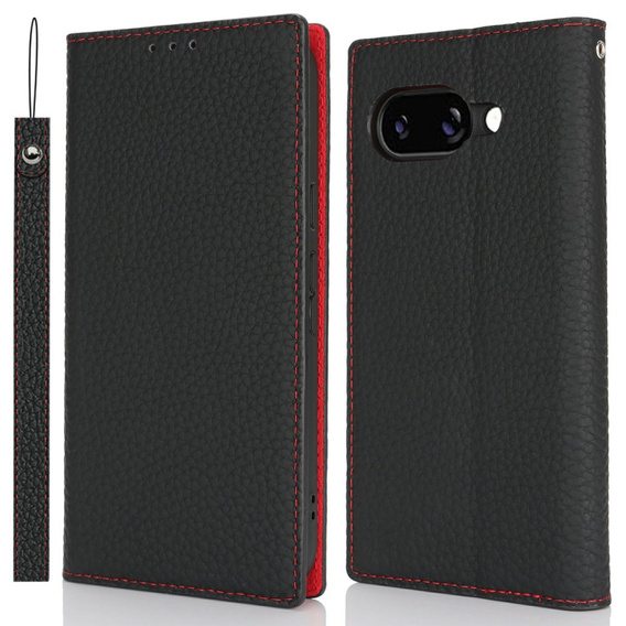 Etui z klapką do Google Pixel 9A, Litchi Skin Grain, czarne