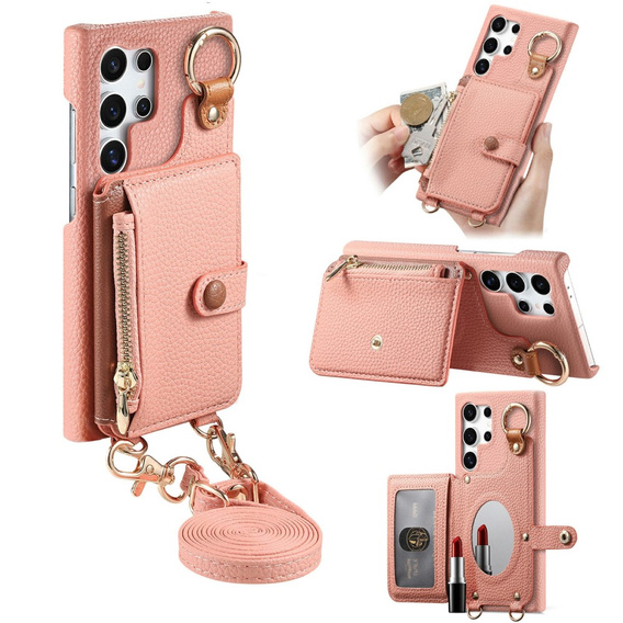 Etui do Samsung Galaxy S25 Ultra – z klapką, kieszonkami i paskiem, różowe