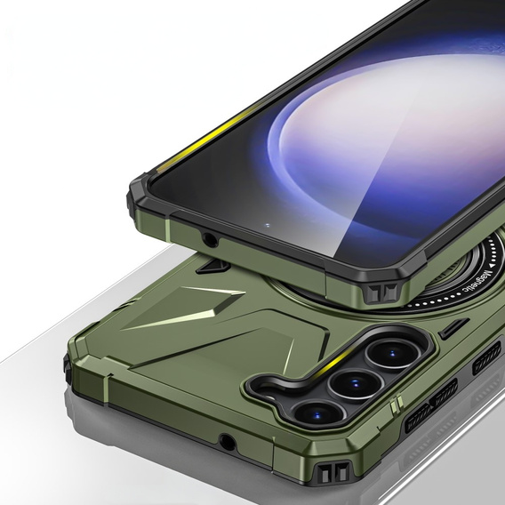 Etui do Samsung Galaxy S24, pancerne z podstawką i blaszką do uchwytu, zielone