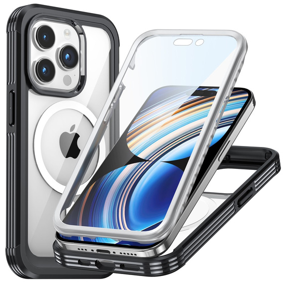 Etui do iPhone 15 Pro Max, Pancerne Full Protect 360° do MagSafe, szkło na ekran, czarne