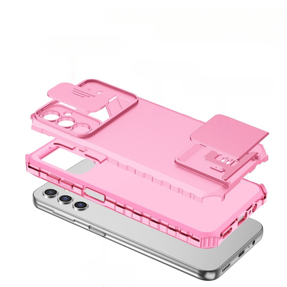 Etui pancerne do Samsung Galaxy A14 4G/5G, Camshield z podstawką, Różowe