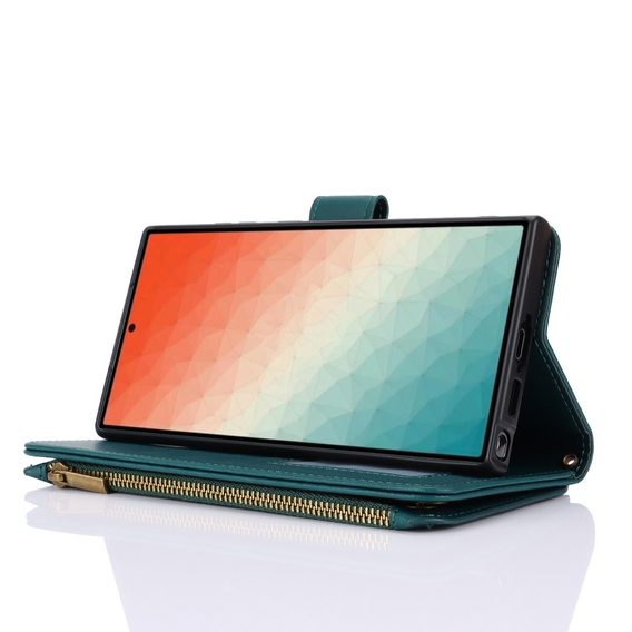 Etui z klapką do Samsung Galaxy S24 Ultra, Wallet Zipper Pocket RFID, z paskiem na ramię, zielone