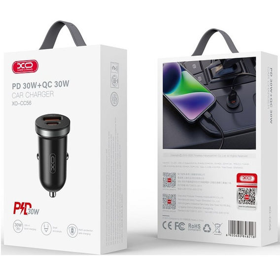 Ładowarka samochodowa XO CC56 30W USB + USB-C PD/QC – Czarna