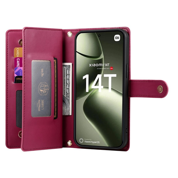 Etui z klapką do Xiaomi 14T, Wallet Zipper Pocket, czerwone