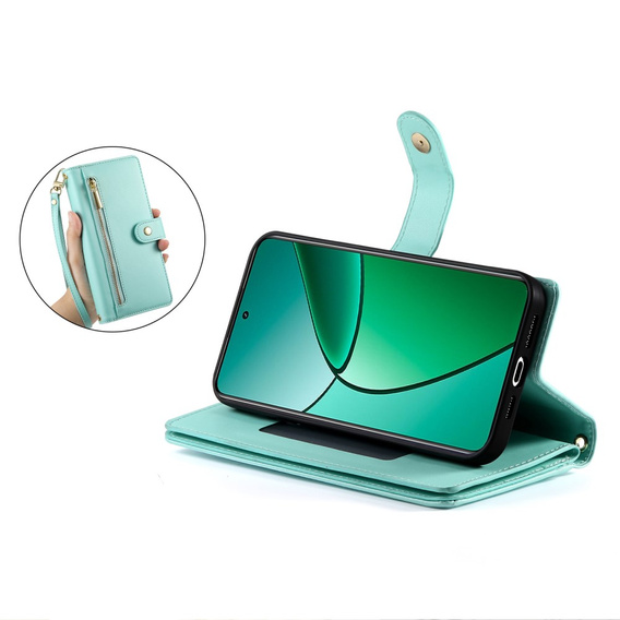 Etui z klapką do Realme 14 Pro 5G, Wallet Zipper Pocket, miętowe