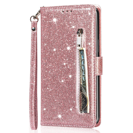 Etui z klapką do Samsung Galaxy A56 5G, Wallet Zipper Pocket Glittery, różowe rose gold