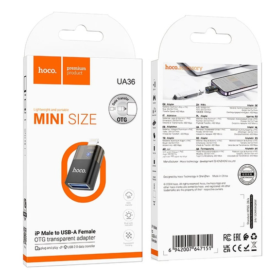 Adapter OTG HOCO UA36 – Lightning do USB-A, czarny transparentny