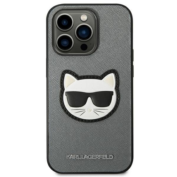 Etui Karl Lagerfeld do iPhone 14 Pro Max, Saffiano Choupette Head Patch, srebrne