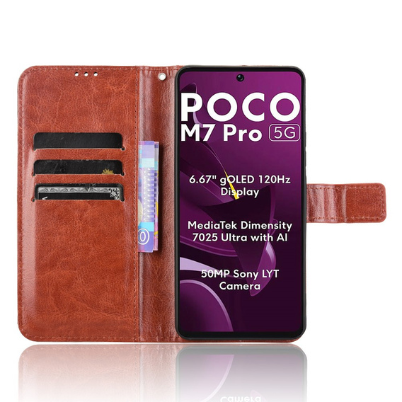 Etui z klapką do Xiaomi Poco M7 Pro 5G, Crazy Horse Wallet, brązowe