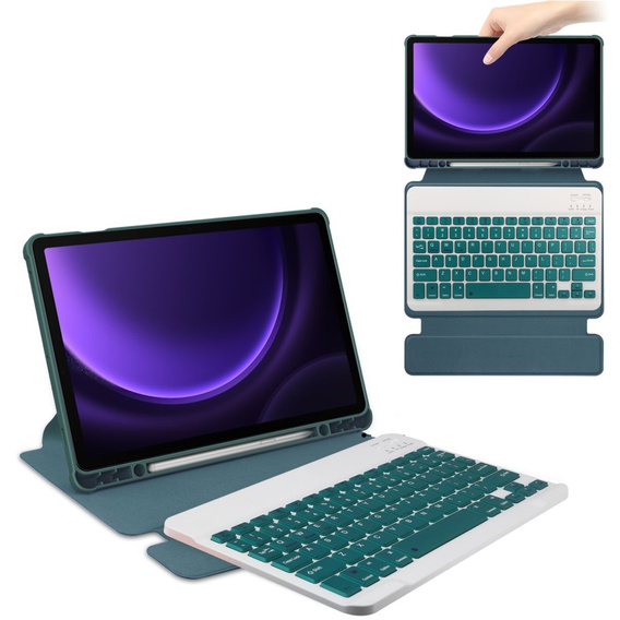 Etui z klawiaturą do Samsung Galaxy Tab S9 FE / S10 FE, Rotary 360° Leather, ciemnozielone