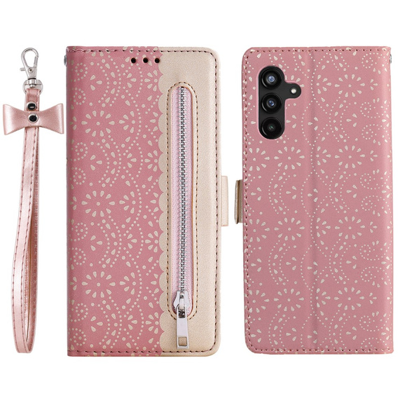 Etui z klapką do Samsung Galaxy A54 5G, Wallet Pocket Zipper Lace, różowe