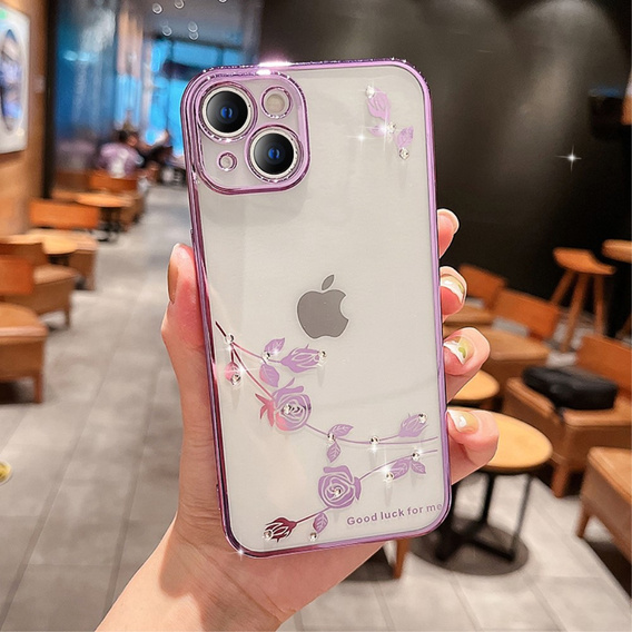 Etui do iPhone 15, Glitter Flower, fioletowe