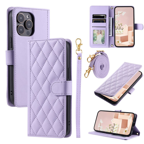 Etui z klapką do iPhone 16 Pro Max, Rhombus Crossbody Leather, fioletowe