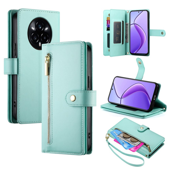 Etui z klapką do Realme 14 Pro+ 5G, Wallet Zipper Pocket, miętowe