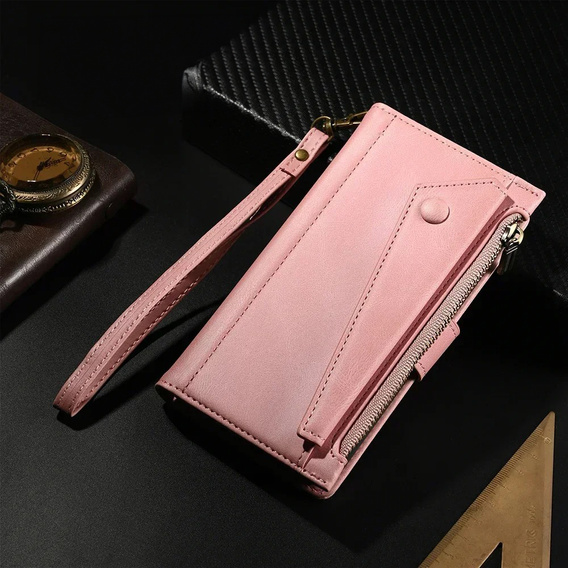 Etui z klapką do Honor Magic 6 Lite 5G, Wallet Zipper Pocket, różowe