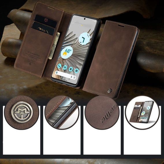 Etui CASEME do Google Pixel 7 Pro, Leather Wallet Case, brązowe