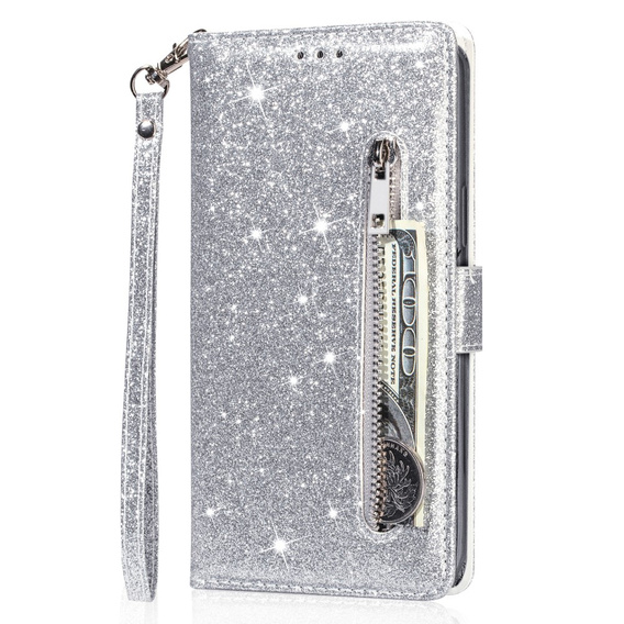 Etui z klapką do Samsung Galaxy A36 5G, Wallet Zipper Pocket Glittery, srebrne