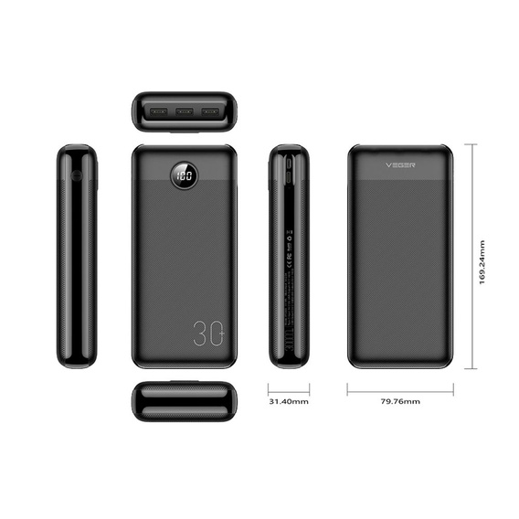 Powerbank VEGER L30 30000 mAh z szybkim ładowaniem PD 20W – Czarny