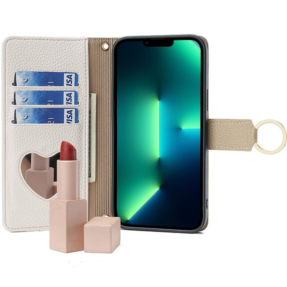 Etui z klapką do iPhone 15 Pro, Wallet Zipper Pocket, z lusterkiem, białe