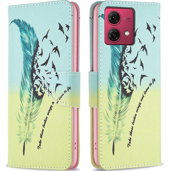 Etui z klapką do Motorola Moto G84 5G, Wallet, Feather niebieskie / żółte