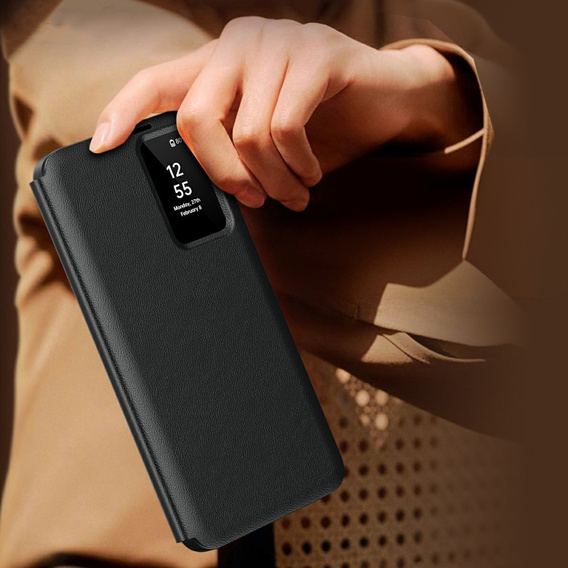 Etui do Samsung Galaxy A56 5G – skórzane z okienkiem Smart View i kieszenią na kartę, czarne