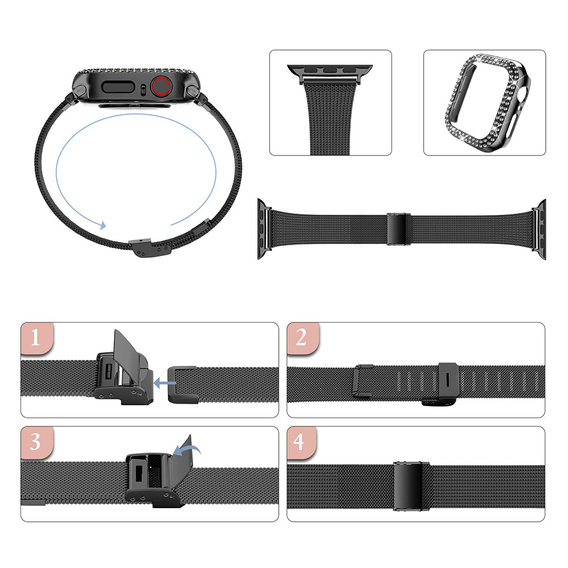 Bransoleta + Etui z Diamentami do Apple Watch 4/5/6/SE 40mm, Czarna