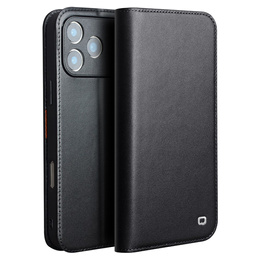 Etui z klapką do iPhone 17 Pro, QIALINO skórzane portfelowe - czarne