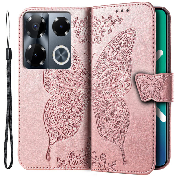 Etui z klapką do Infinix Note 40 Pro Plus, Butterfly, różowe rose gold