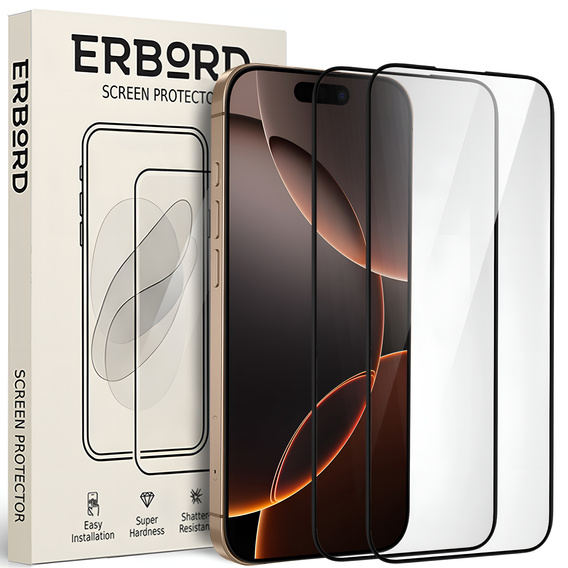 2x Szkło Hartowane do iPhone 16 Pro Max, ERBORD 3D pełne, szybka na cały ekran