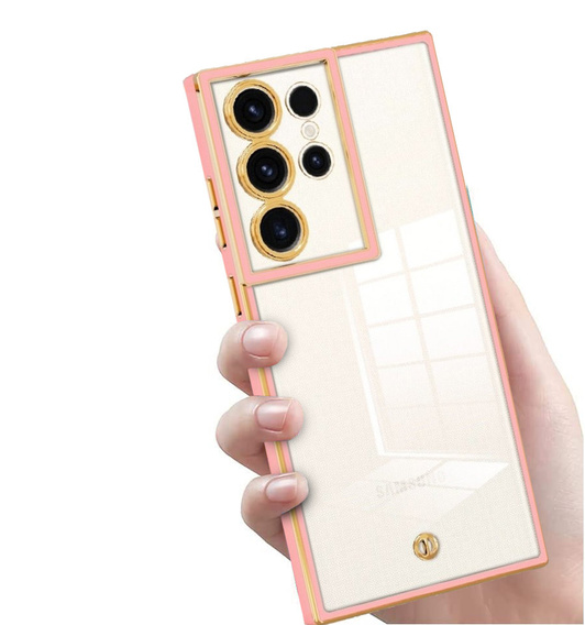 Etui do Samsung Galaxy S23 Ultra, przezroczyste z różową / złotą ramką