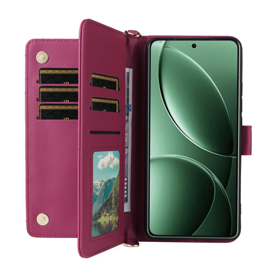 Etui z klapką do Xiaomi Poco F7 Ultra, Crossbody Leather Wallet, bordowe