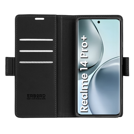 Etui do Realme 14 Pro+ 5G, ERBORD Glossy Litchi, portfel z klapką, czarne