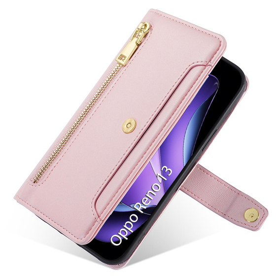 Etui z klapką do Oppo Reno 13, Wallet Zipper Pocket, różowe