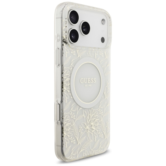 Etui Guess IML Flowers Electroplated Allover With Beads Strap, do MagSafe, z paskiem do iPhone 17 Pro Max