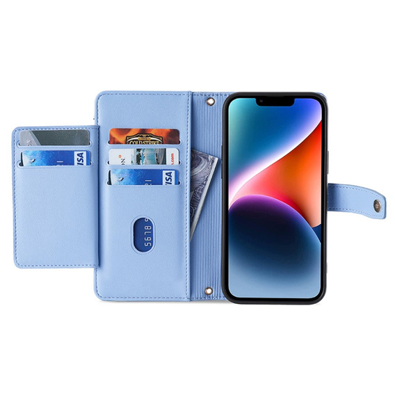 Etui z klapką do iPhone 15 Pro, Wallet Zipper Pocket, niebieskie