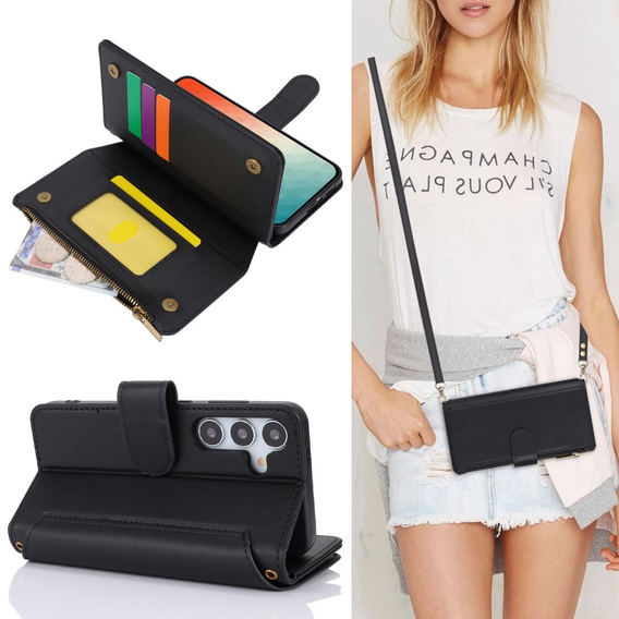 Etui z klapką do Samsung Galaxy S24, Wallet Zipper Pocket RFID, z paskiem na ramię, czarne