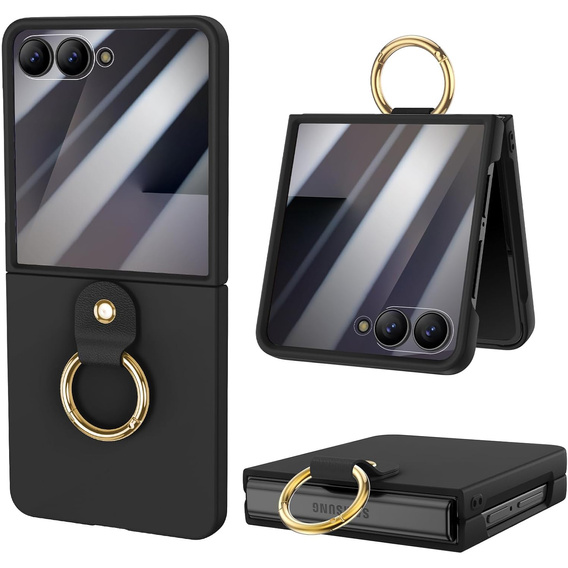 Etui Ring Holder do Samsung Galaxy Z Flip7 5G, ze szkłem na ekran zewnętrzny, czarne