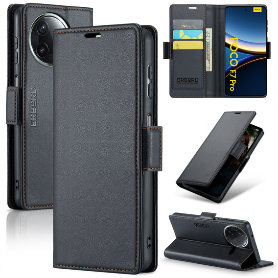 Etui do Xiaomi Poco F7 Pro, ERBORD Glossy Litchi, portfel z klapką, czarne