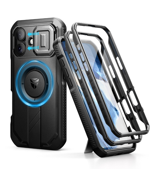 Etui pancerne do iPhone 16, Dexnor CamProtect MagSafe, czarne (Dwie ramki)