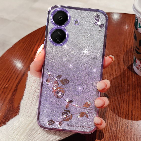 Etui do Xiaomi Redmi 13C / Poco C65, Glitter Flower, fioletowe