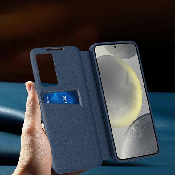 Etui do Samsung Galaxy A56 5G – skórzane z okienkiem Smart View i kieszenią na kartę, niebieskie