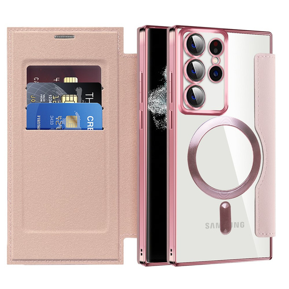 Etui z klapką do Samsung Galaxy S22 Ultra 5G, RFID Wallet MagSafe z ochroną aparatu, różowe