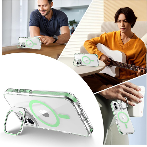 Etui do iPhone 17, do MagSafe, z podstawką, transparentne z zielonymi wstawkami