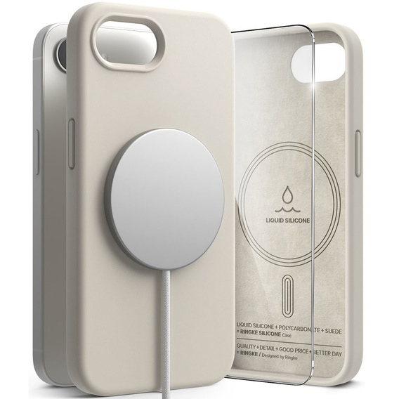 Etui Ringke do iPhone 16E, Silicone MagSafe, Szare + Szkło Hartowane 9H