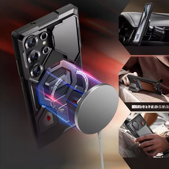 Etui do Samsung Galaxy S25 Ultra, Tongate MECH MagSafe Series, czarne + Szkło Hartowane 9H